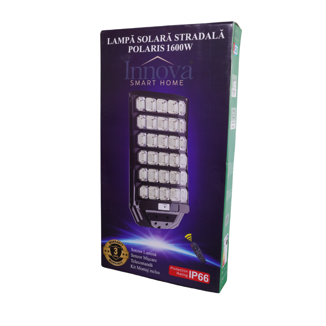 Lampa Solara Stradala Polaris Innova 1600W – LED 120 000 lm, Senzor Lumina/Miscare si Telecomanda, IP66 & Suport Prindere+Cadou Surpriza