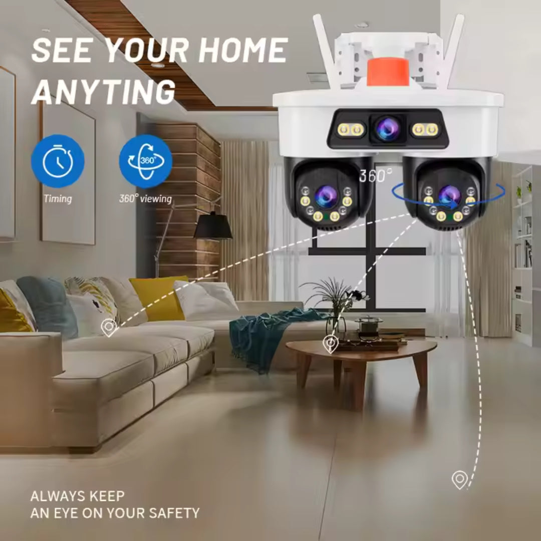 Cameră Supraveghere WiFi Jortan 9MP, 3 Lentile, Dual Head, PTZ 355°, Night Vision Color, IP66, Audio Bidirecțional, Yoosee App