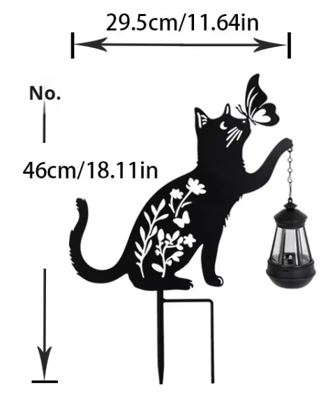 Set 2 Decoratiuni Solare de Gradina, Model Pisica Neagra cu Felinar LED si Fluture, din Metal