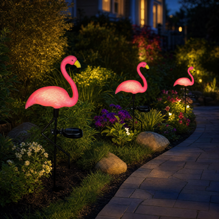 Set 3 Lămpi Solare LED Flamingo Roz cu Cioc Galben, Model Nou, 53 cm, Lumină Caldă, IP65, Decorațiuni pentru Grădină