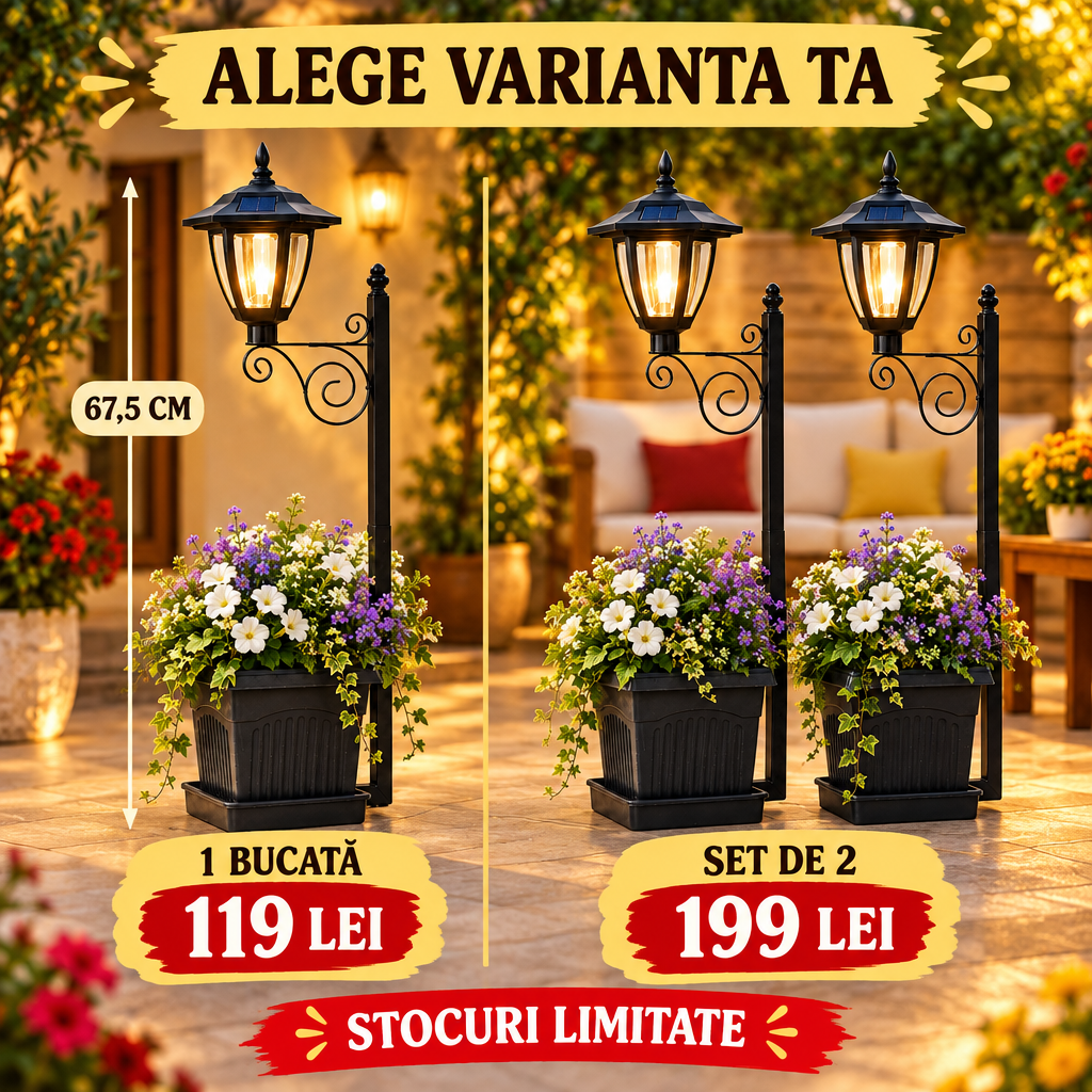 Lampă Solară Decorativă cu Ghiveci Integrat, Lumină Alb Caldă, 67,5 cm – pentru Grădină, Terasă și Alei