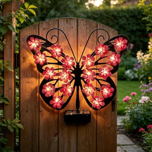 Set 2 / 4 Fluturi Solari Decorativi de Pus pe Perete sau Gard, cu Lumini LED, Culori Roz si Galben