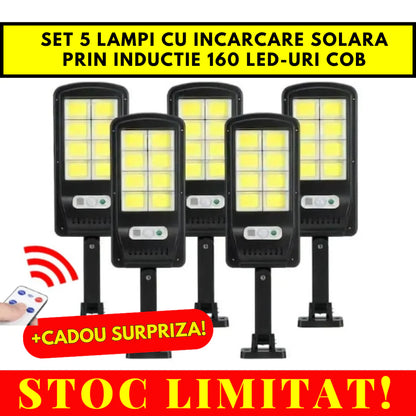 Set 5 Lampi cu Incarcare Solara prin Inductie 160 LED-uri COB, telecomanda + cadou surpriza