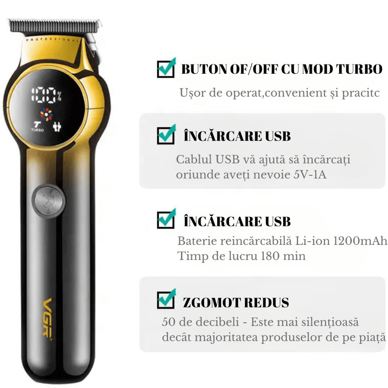 Aparat de Tuns Profesional VGR V-989 pentru Barba Contur & Corp Afisaj LED cu Acumulator Lame din Otel Inoxidabil