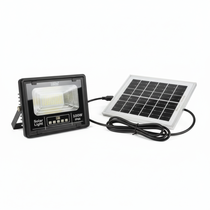 Set 2 X Proiector Solar Innova 100W , IP66 , Indicator Batarie , Telecomanda , 6500k , 3 Ani Garantie