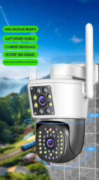 Camera de Supraveghere Duală Jortan 8293, 6MP,  WiFi sau Cablu, Ip66 ,  44 Led Vedere Nocturna