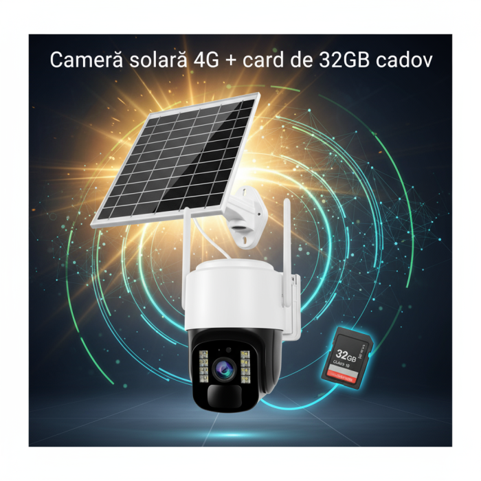Cameră Supraveghere Solară INNOVA 4G TS1 + Card 32GB, ,3MP, PTZ 355°, Night Vision Color, Audio Bidirecțional, Alarmă, O-Kam Pro