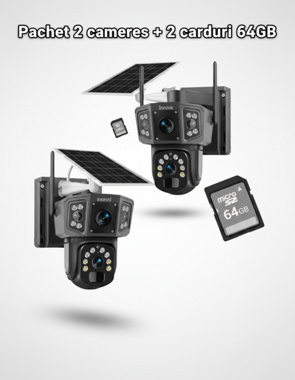 Black Friday - Set 2 x Camera Supraveghere Solara Dubla INNOVA WIFI , 6MP , Full HD, PTZ 360°, baterie 12000mAh, 2 carduri 64gb cadou , 3 ani garantie