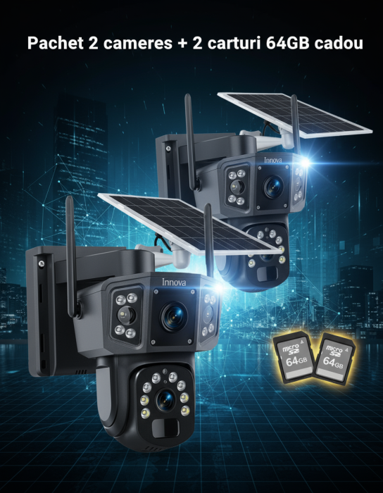 Black Friday - Set 2 x Camera Supraveghere Solara Dubla INNOVA WIFI , 6MP , Full HD, PTZ 360°, baterie 12000mAh, 2 carduri 64gb cadou , 3 ani garantie