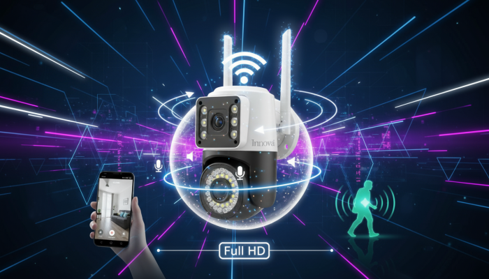Black Friday - Cameră Video Duală INNOVA VISION SMART 6MP , 42 Led, Vedere 360°, WiFi, Vedere Nocturna,Live Pe telefon+ Card Cadou 32gb