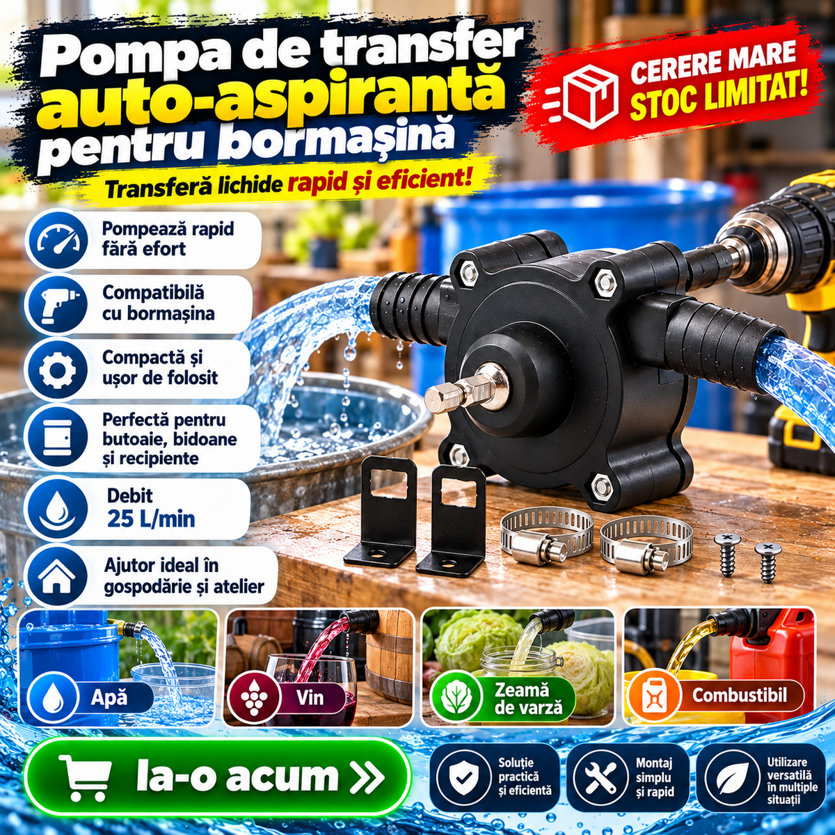 Pompă de Transfer Autoaspirantă pentru Bormașină – 25 L/min