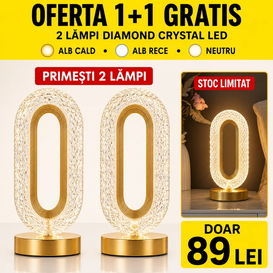 1+1 GRATIS! Lampa Diamond LED cu 3 temperaturi de culoare, alb rece, alb cald, neutru, culoare auriu