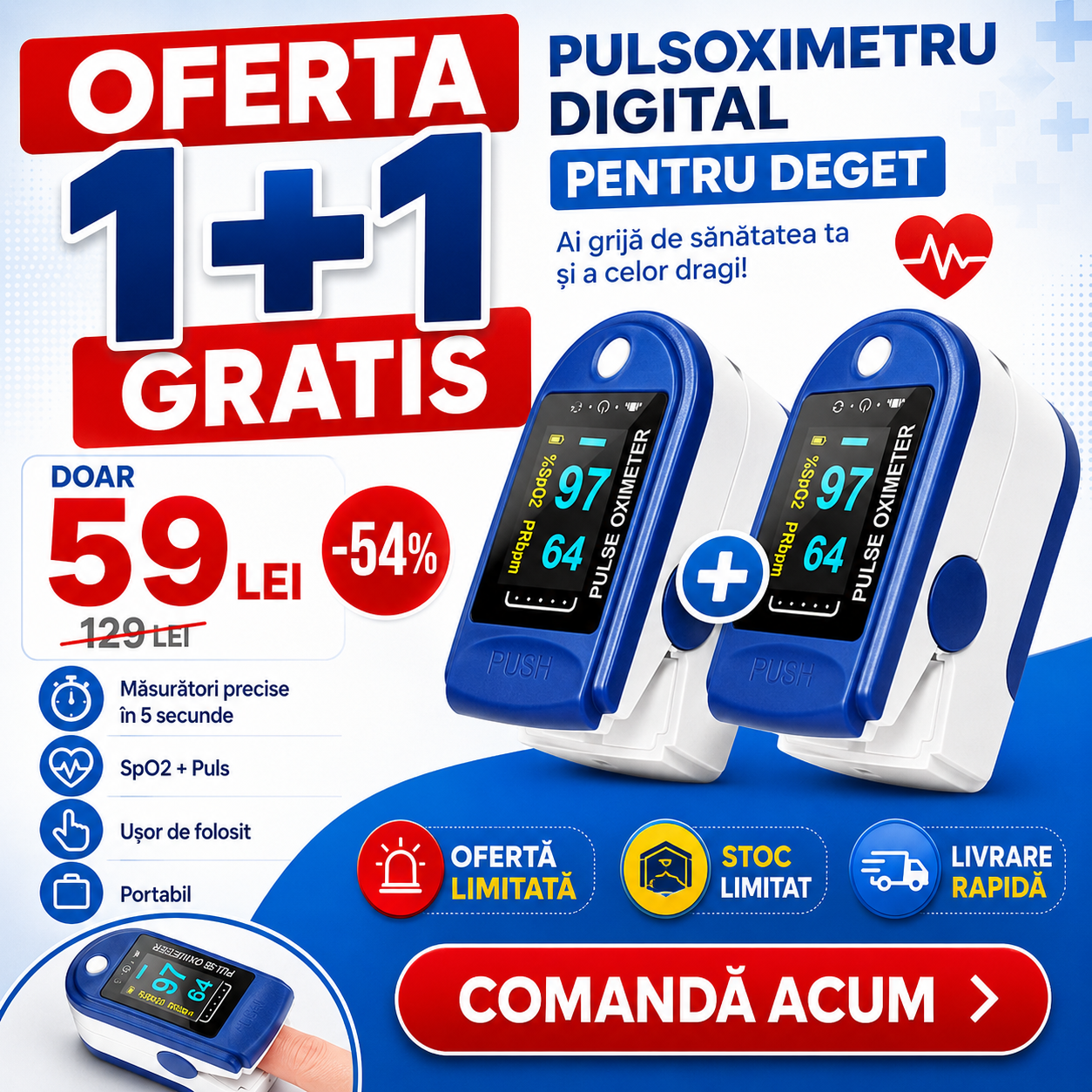OFERTA 1+1 PULSOXIMETRU Digital pentru Deget