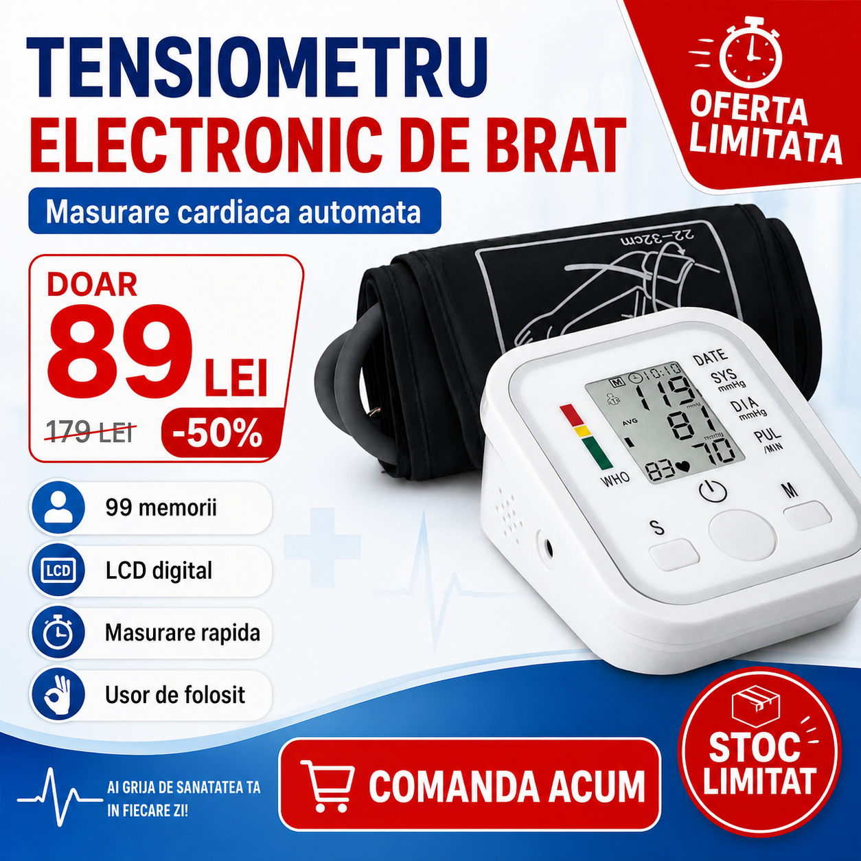 TENSIOMETRU electronic de brat, masurare cardiaca automata