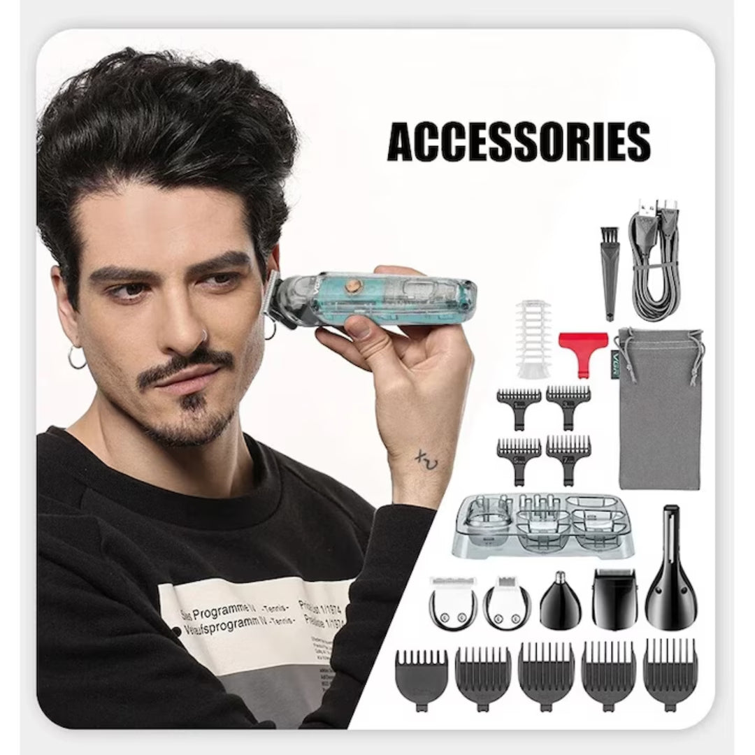 Mașină de Tuns Electrică Transparentă, 6 Capete Interschimbabile, Rezistentă la Apă IPX6, Lame Inox, Afisaj LED, Acumulator 1200 mAh, Încărcare USB-C