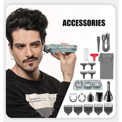 Mașină de Tuns Electrică Transparentă, 6 Capete Interschimbabile, Rezistentă la Apă IPX6, Lame Inox, Afisaj LED, Acumulator 1200 mAh, Încărcare USB-C