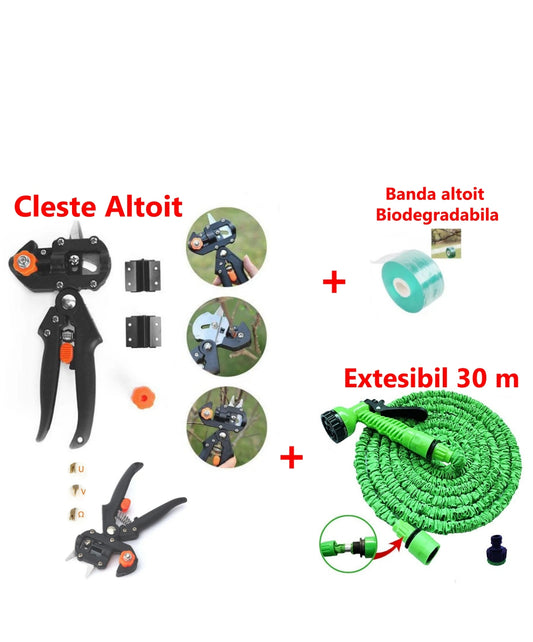 Pachet ! Cleste Profesional de Altoit cu 3 Cutite U V Omega + Furtun Extensibil 30 M + Banda Pentru Altoit Biodegradabila +