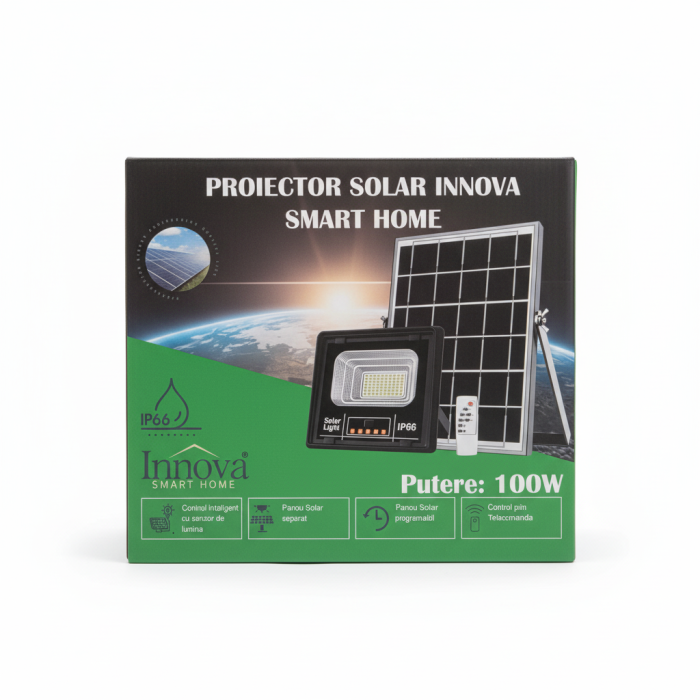 Set 2 X Proiector Solar Innova 100W , IP66 , Indicator Batarie , Telecomanda , 6500k , 3 Ani Garantie