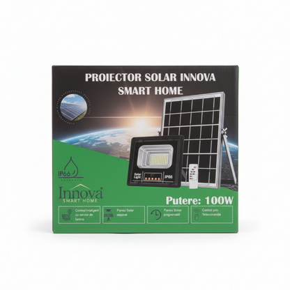 Set 2 X Proiector Solar Innova 100W , IP66 , Indicator Batarie , Telecomanda , 6500k , 3 Ani Garantie
