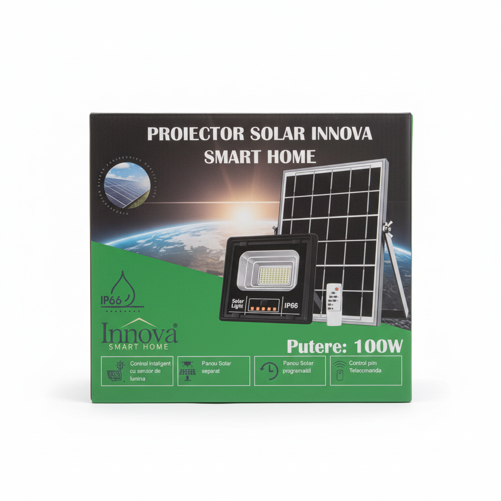 Set 4 x Proiector Solar Innova 100W , IP66 , Indicator Batarie , Telecomanda , 6500k , 3 Ani Garantie
