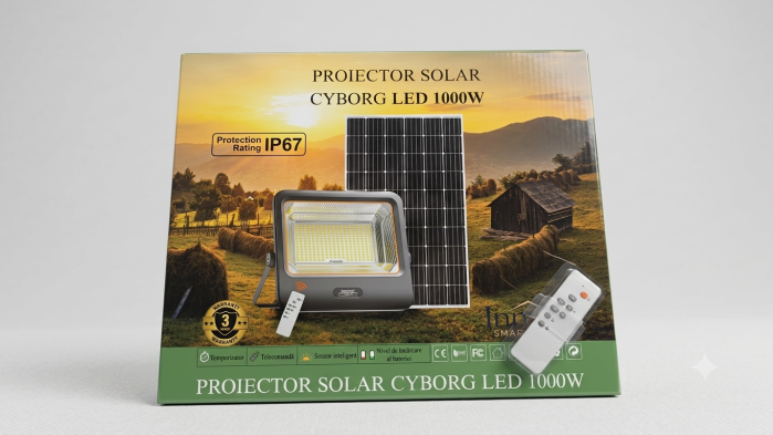 Set 2 Proiectoare Solare LED 1000W Innova Smart Home Cyborg, IP67, Panouri Solare 45x35 cm și Telecomenzi