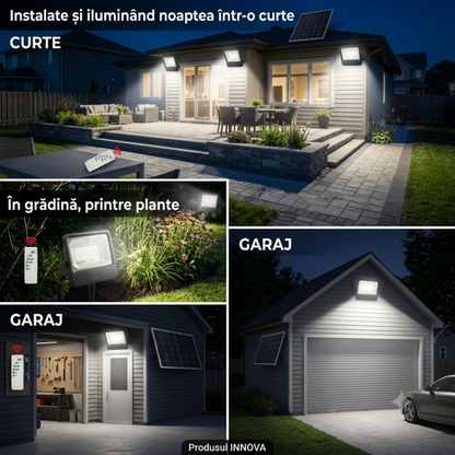 Proiector Solar LED 600W Innova Smart Home Cyborg, IP67, Panou Solar 35x29 cm și Telecomandă