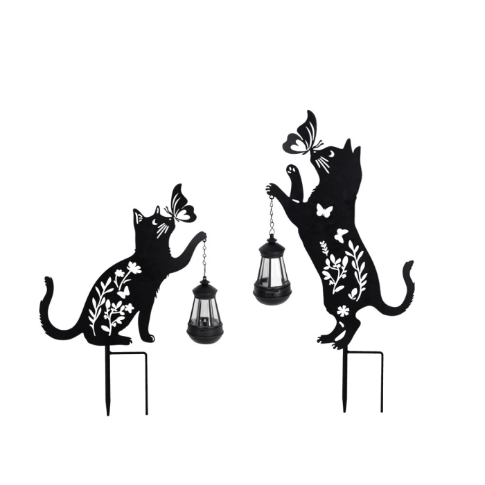 Set 2 Decoratiuni Solare de Gradina, Model Pisica Neagra cu Felinar LED si Fluture, din Metal