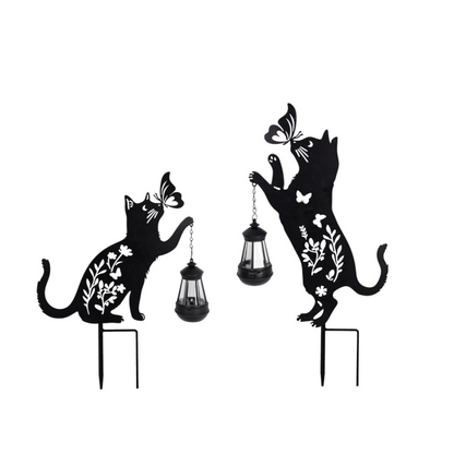 Set 2 Decoratiuni Solare de Gradina, Model Pisica Neagra cu Felinar LED si Fluture, din Metal