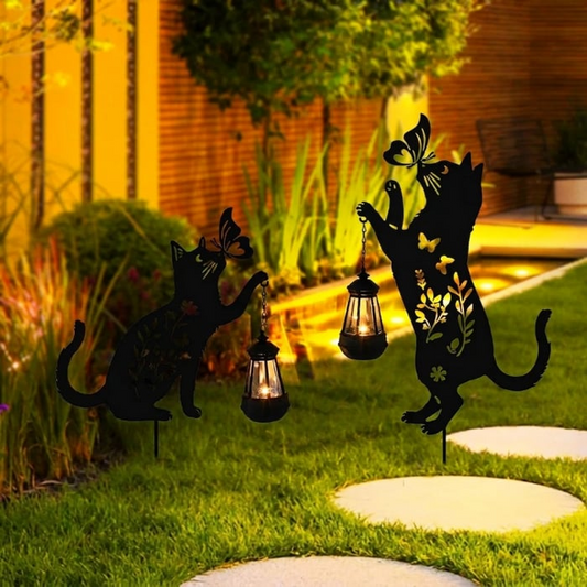 Set 2 Decoratiuni Solare de Gradina, Model Pisica Neagra cu Felinar LED si Fluture, din Metal