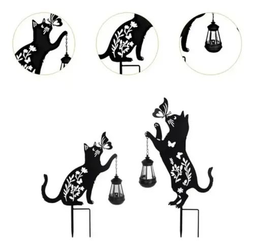 Set 2 Decoratiuni Solare de Gradina, Model Pisica Neagra cu Felinar LED si Fluture, din Metal