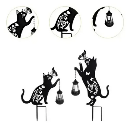 Set 2 Decoratiuni Solare de Gradina, Model Pisica Neagra cu Felinar LED si Fluture, din Metal