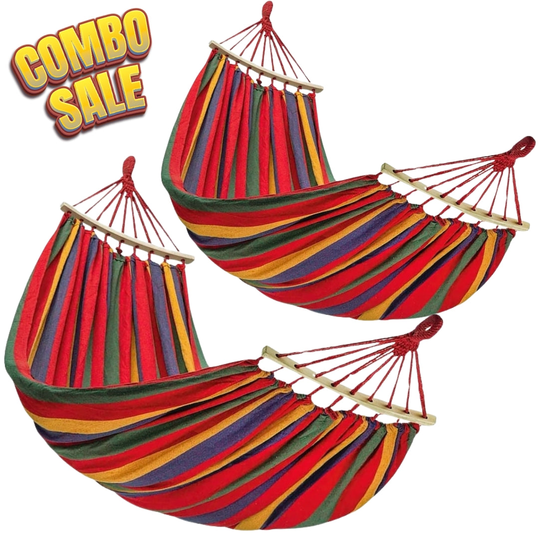 Set 2 Hamace Duble Bumbac 150x250 cm cu Bară Lemn