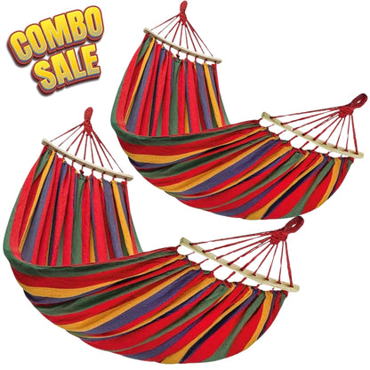 Set 2 Hamace Duble Bumbac 150x250 cm cu Bară Lemn