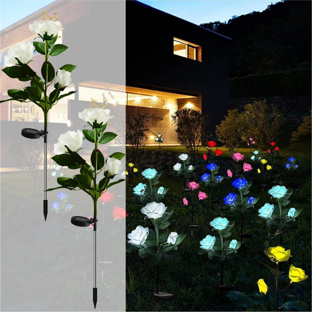Set 2 x Lampi Solare Trandafir cu 3 Flori LED – Decor Elegant de Gradina, Tarus si Panou Solar