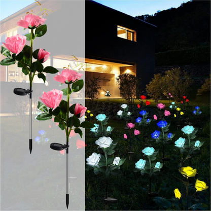 Set 2 x Lampi Solare Trandafir cu 3 Flori LED – Decor Elegant de Gradina, Tarus si Panou Solar