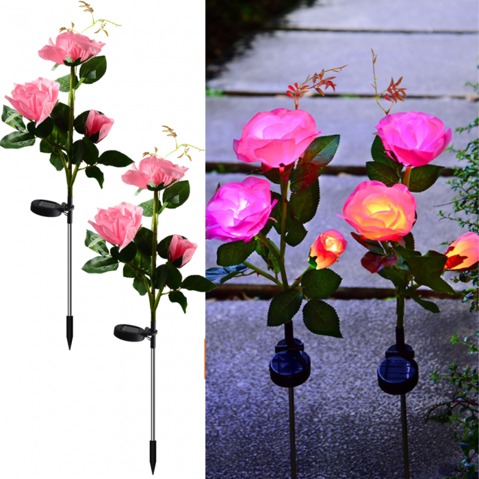 Set 2 Lampi Solare Trandafir Alb – 3 Flori LED / Lampa