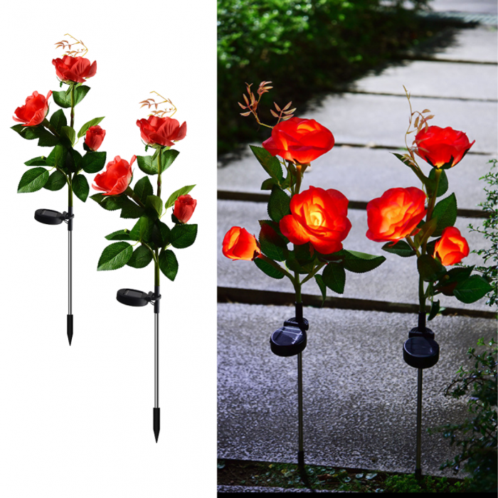 Set 2 x Lampi Solare Trandafir cu 3 Flori LED – Decor Elegant de Gradina, Tarus si Panou Solar