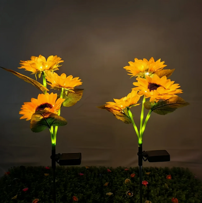 Set 2x Lămpi Solare LED pentru Grădină cu 3 Flori tip Floarea Soarelui, 10 Micro-LED-uri pe Floare, Înălțime 70 cm, Rezistente la Intemperii, IP65