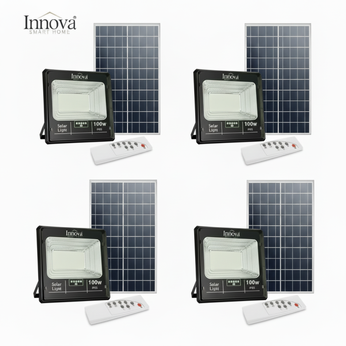 Set 4 x Proiector Solar Innova 100W , IP66 , Indicator Batarie , Telecomanda , 6500k , 3 Ani Garantie