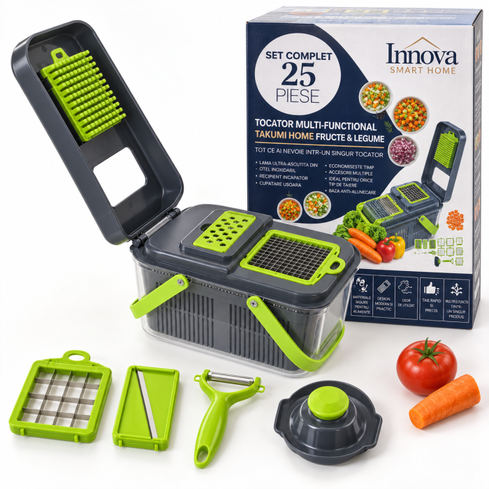Tocător multifuncțional TAKUMI HOME by Innova, 25 piese, pentru legume și fructe – cubulețe pentru salata de boeuf, feliere și răzuire