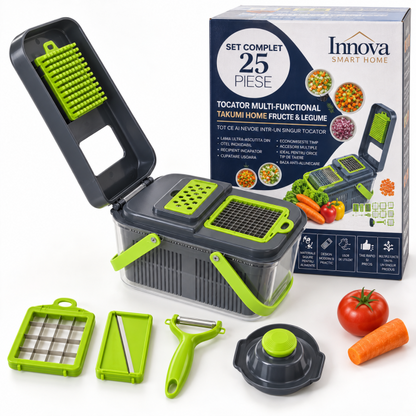 Tocător multifuncțional TAKUMI HOME by Innova, 25 piese, pentru legume și fructe – cubulețe pentru salata de boeuf, feliere și răzuire