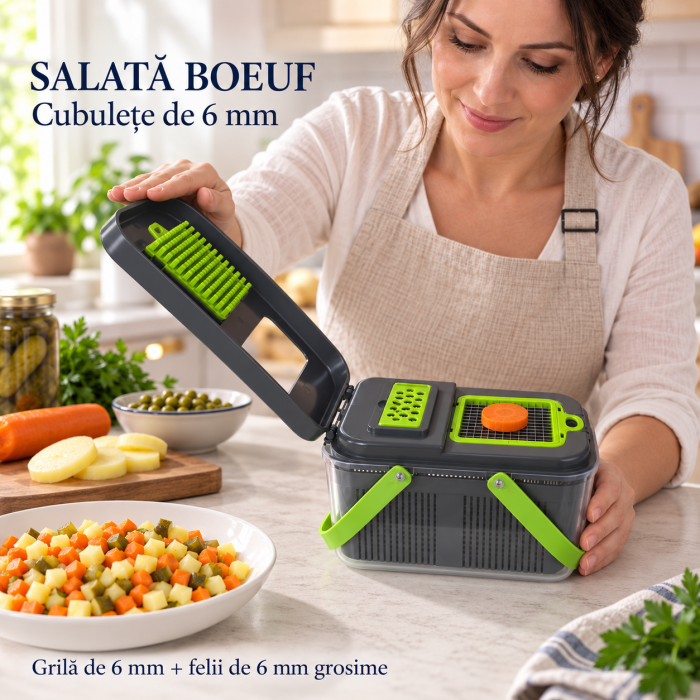 Tocător multifuncțional TAKUMI HOME by Innova, 25 piese, pentru legume și fructe – cubulețe pentru salata de boeuf, feliere și răzuire